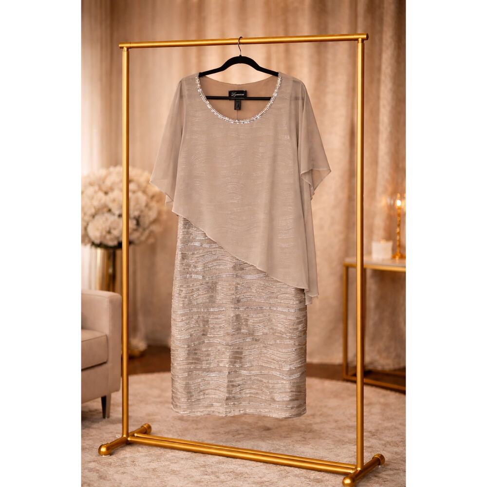 Frank Lyman Cream Silver Overlay Dress Beaded Neck Cocktail Formal 38